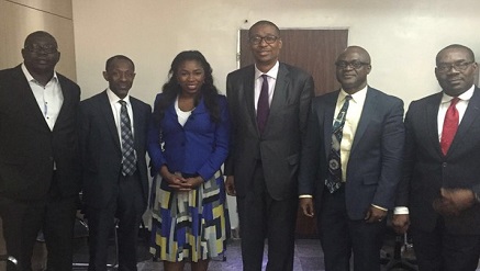 Dr, Okechukwu Enelamah, minister for Trade & Investment  (3rd from right); Dr. Uyi Stewart, Chief Scientist, IBM Research Africa laboratory (2nd from right); Taiwo Otiti, Country General Manager, IBM West Africa (2nd from left) and other IBM executives during a courtesy visit of the IBM team to the Minister recently.